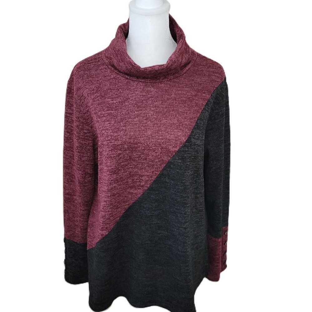 Seven Forty Two Tunic Asymmetric Color Accent Cowl Neck Burgundy Black Marled S